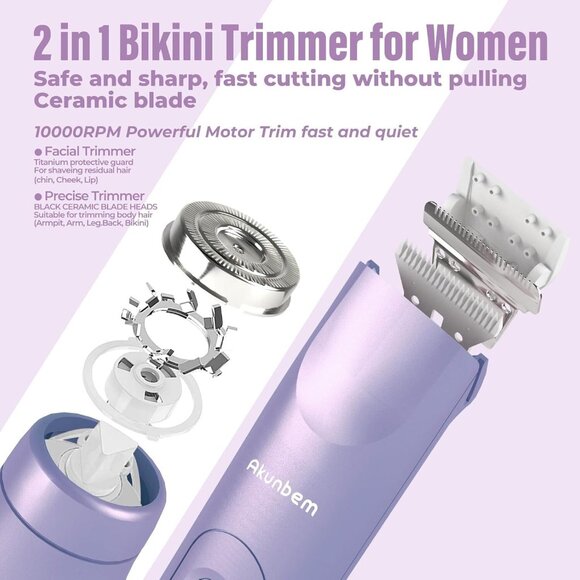 2 in 1 Women Electric Shaver Dual Head Bikini Trimmer for Women IPX7 Facial Hair - Picture 2 of 7